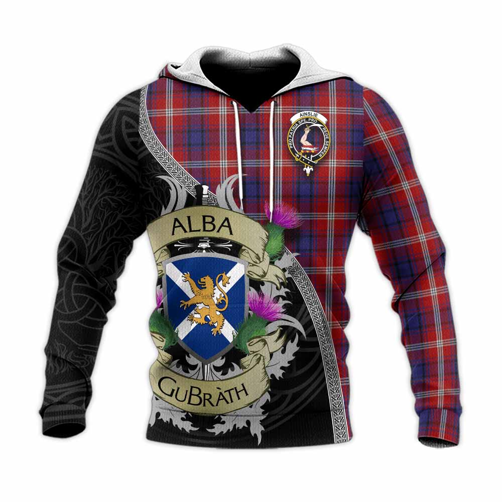 Tartan Vibes Clothing Ainslie Tartan Family Crest Knitted Hoodie Lion Rampant Royal Thistle Shield Celtic Inspired