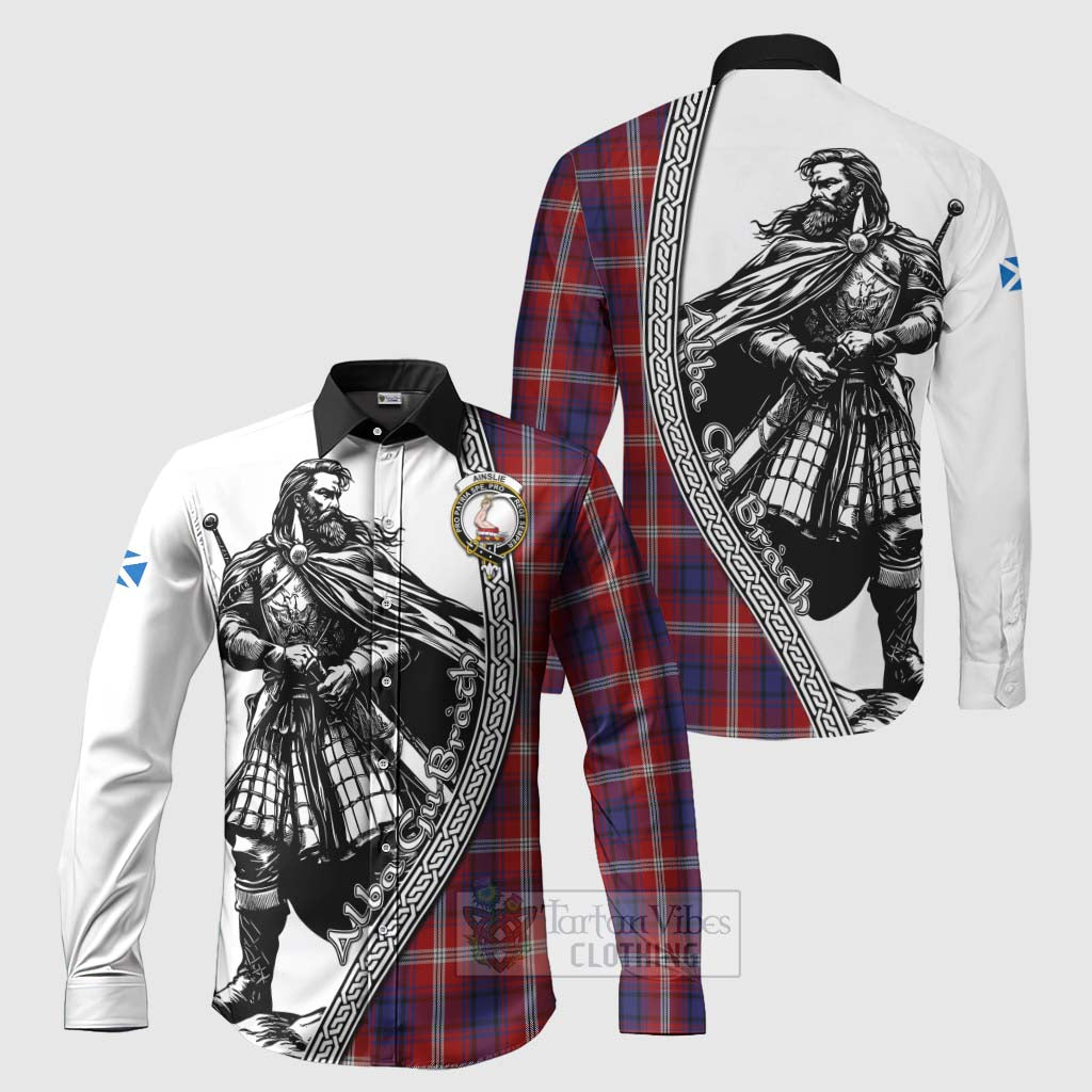 Ainslie Tartan Clan Crest Long Sleeve Button Shirt with Highlander Warrior Celtic Style Men's Shirt S - Tartan Vibes Clothing