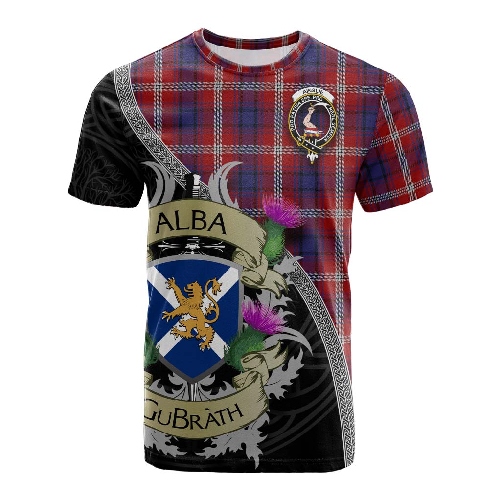 Tartan Vibes Clothing Ainslie Tartan Family Crest Cotton T-shirt Lion Rampant Royal Thistle Shield Celtic Inspired