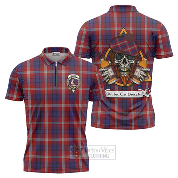 Ainslie Tartan Zipper Polo Shirt with Family Crest and Bearded Skull Holding Bottles of Whiskey Unisex - Tartan Vibes Clothing