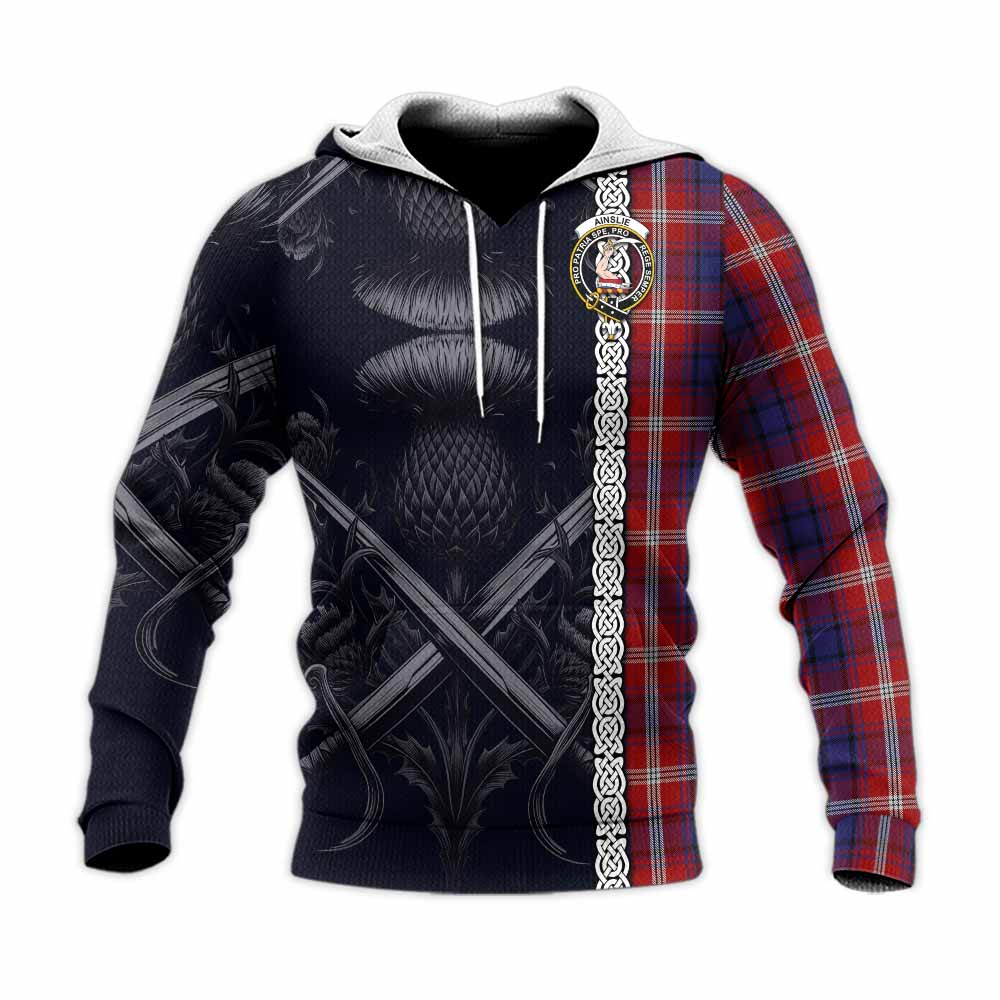 Tartan Vibes Clothing Ainslie Tartan Knitted Hoodie with Family Crest Cross Sword Thistle Celtic Vibes