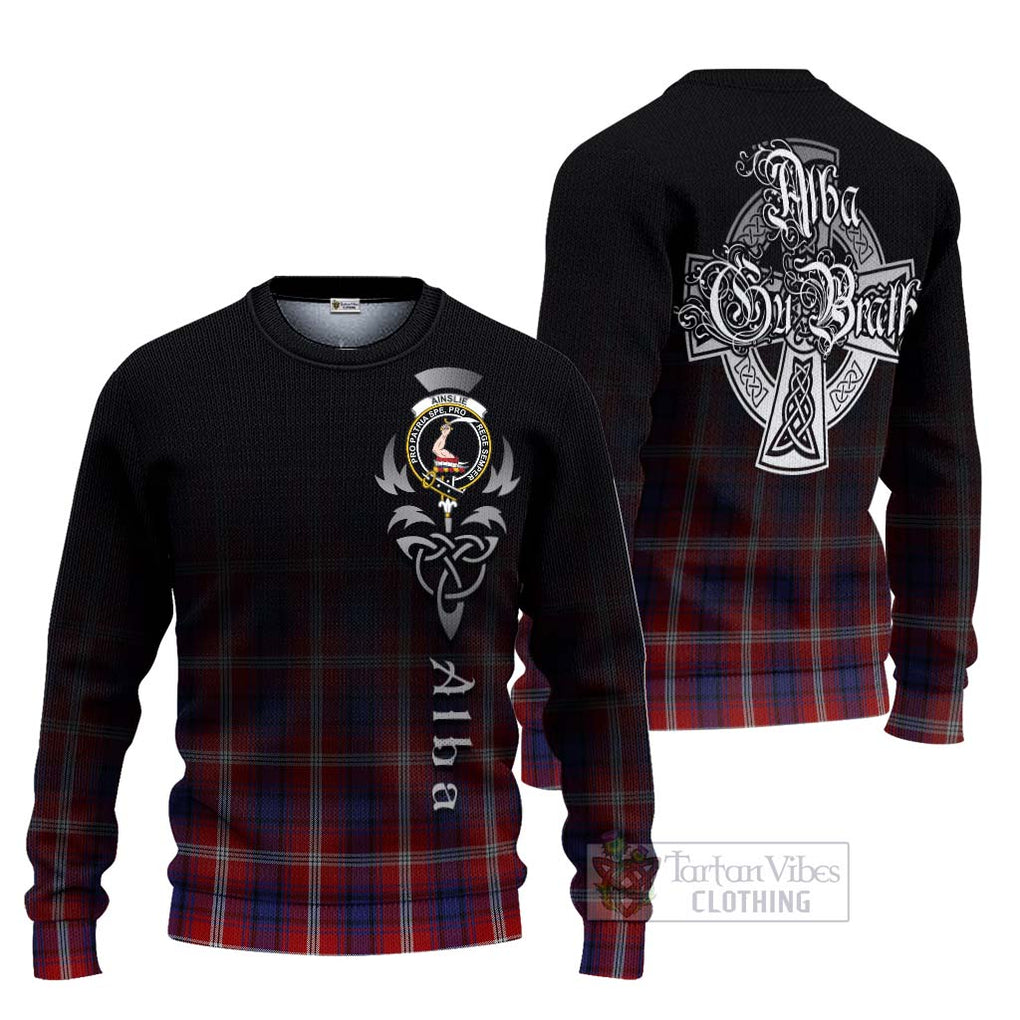 Ainslie Tartan Ugly Sweater Featuring Alba Gu Brath Family Crest Celtic Inspired Unisex - Tartan Vibes Clothing