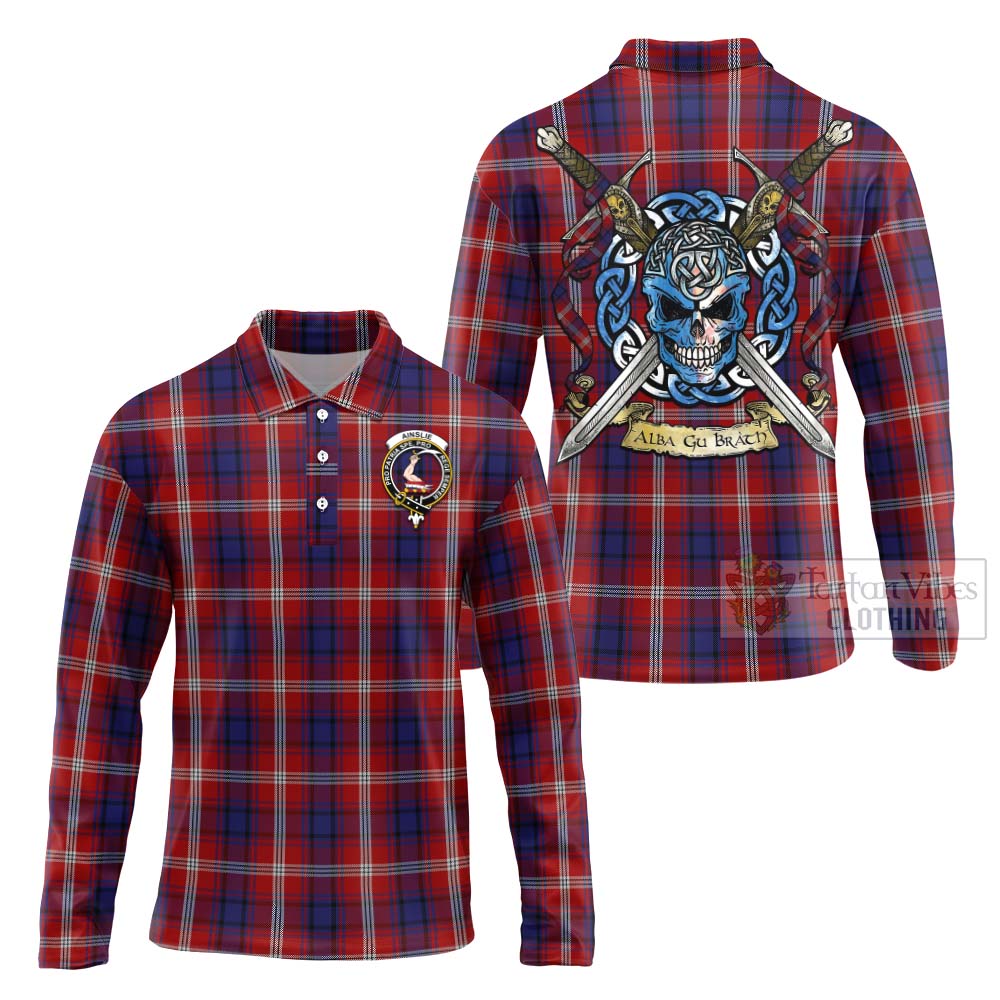 Ainslie Tartan Long Sleeve Polo Shirt with Family Crest Celtic Skull Style Unisex - Tartan Vibes Clothing