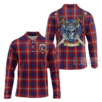 Ainslie Tartan Long Sleeve Polo Shirt with Family Crest Celtic Skull Style Unisex - Tartan Vibes Clothing