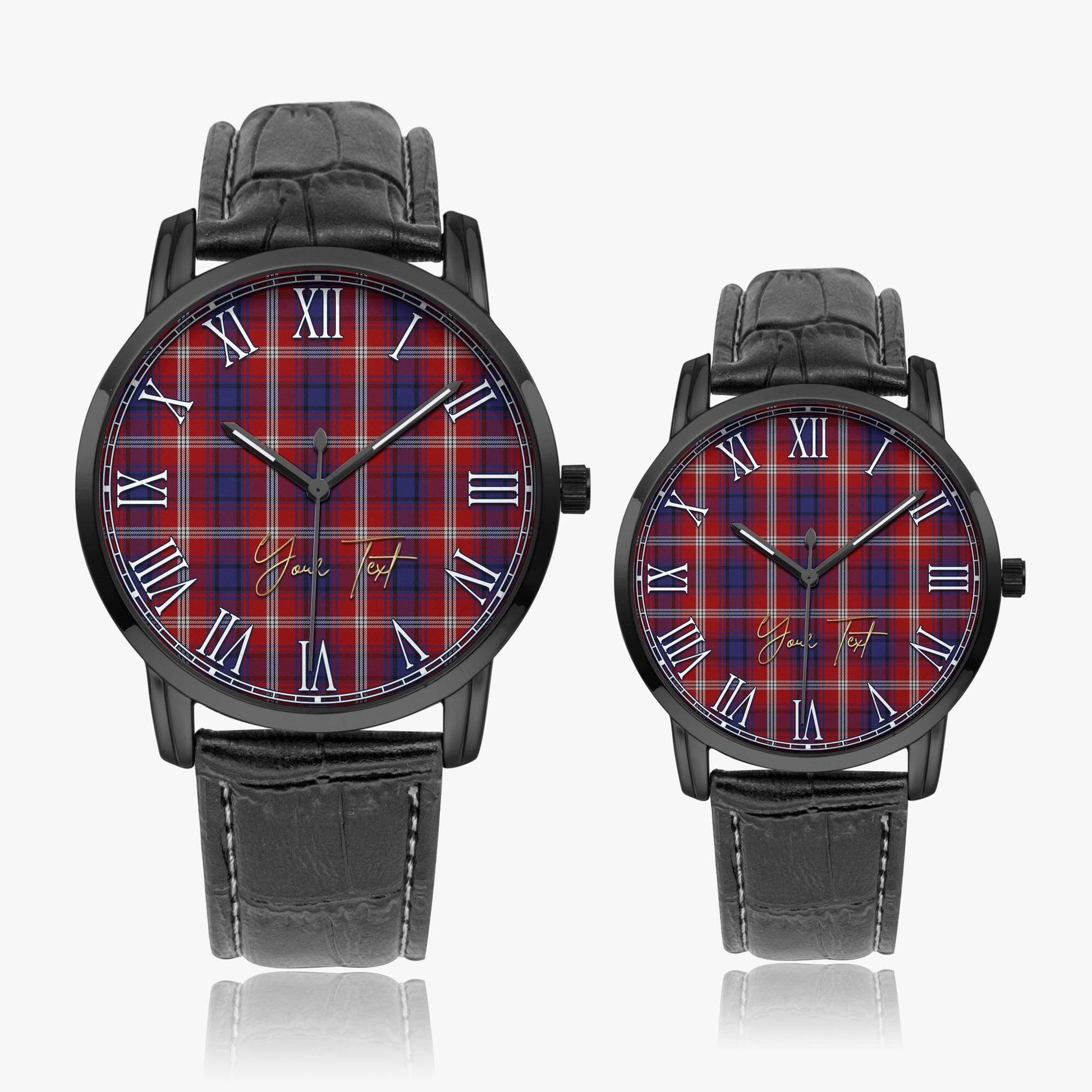 Ainslie Tartan Personalized Your Text Leather Trap Quartz Watch Wide Type Black Case With Black Leather Strap - Tartanvibesclothing