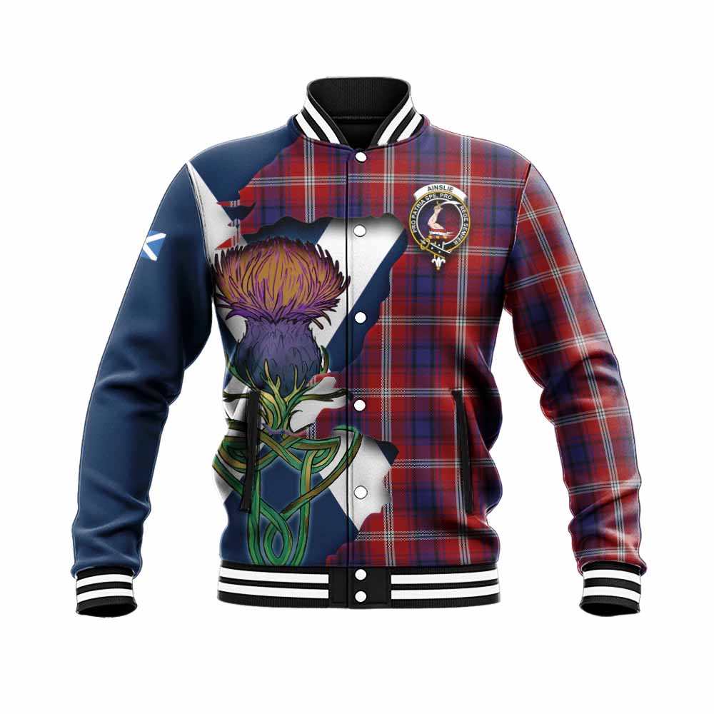 Tartan Vibes Clothing Ainslie Tartan Family Crest Baseball Jacket Scottish Thistle Celtic Inspired
