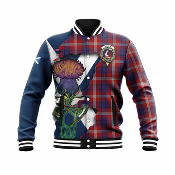 Tartan Vibes Clothing Ainslie Tartan Family Crest Baseball Jacket Scottish Thistle Celtic Inspired