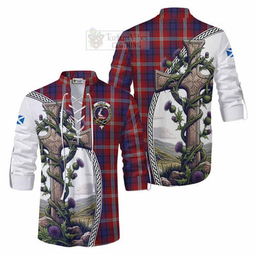 Ainslie Tartan Ghillie Kilt Shirt with Family Crest and St. Andrew's Cross Accented by Thistle Vines Men - Tartan Vibes Clothing