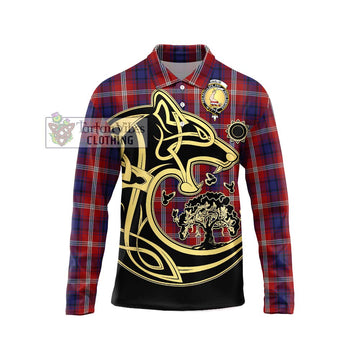 Ainslie Tartan Long Sleeve Polo Shirt with Family Crest Celtic Wolf Style Unisex - Tartan Vibes Clothing
