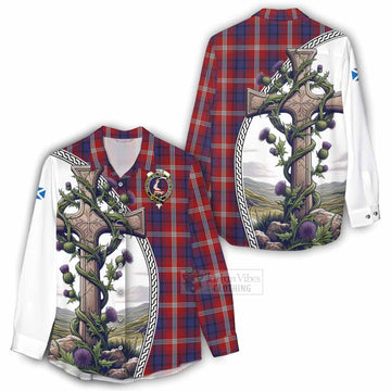 Ainslie Tartan Women's Casual Shirt with Family Crest and St. Andrew's Cross Accented by Thistle Vines - Tartan Vibes Clothing