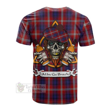Ainslie Tartan Cotton T-shirt with Family Crest and Bearded Skull Holding Bottles of Whiskey - Tartan Vibes Clothing