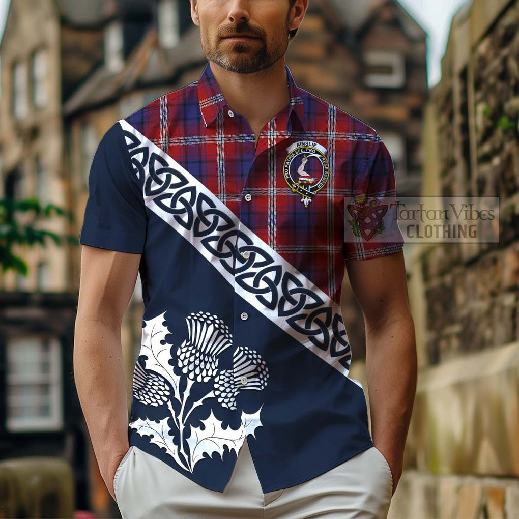 Ainslie Tartan Hawaiian Shirt Featuring Thistle and Scotland Map - Tartan Vibes Clothing