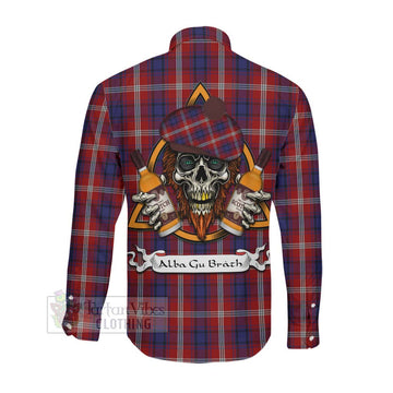 Ainslie Tartan Long Sleeve Button Shirt with Family Crest and Bearded Skull Holding Bottles of Whiskey Men's Shirt - Tartan Vibes Clothing