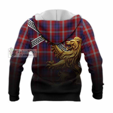 Tartan Vibes Clothing Ainslie Crest Tartan Knitted Hoodie with Golden Lion Emblem Celtic Style