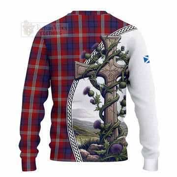 Ainslie Tartan Knitted Sweater with Family Crest and St. Andrew's Cross Accented by Thistle Vines - Tartan Vibes Clothing