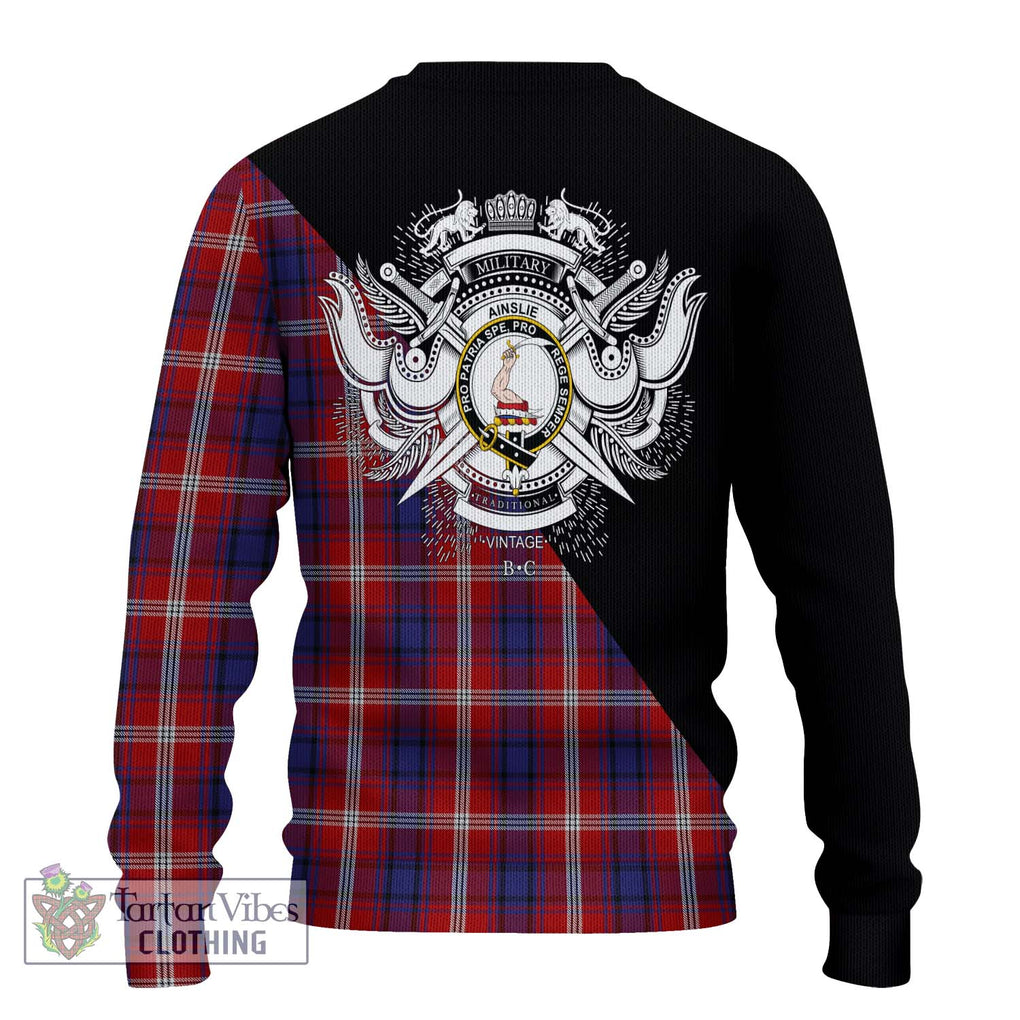 Ainslie Tartan Ugly Sweater with Family Crest and Military Logo Style - Tartan Vibes Clothing