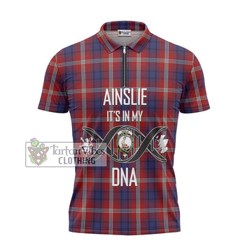 Ainslie Tartan Zipper Polo Shirt with Family Crest DNA In Me Style - Tartan Vibes Clothing