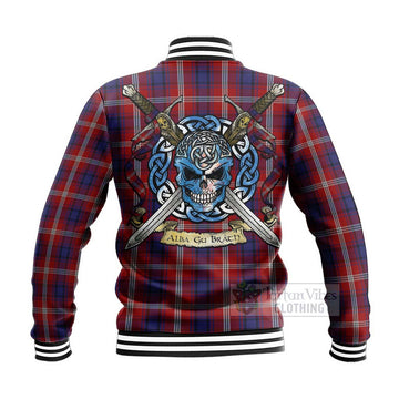 Ainslie Tartan Baseball Jacket with Family Crest Celtic Skull Style - Tartan Vibes Clothing