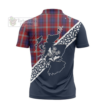 Ainslie Tartan Zipper Polo Shirt Featuring Thistle and Scotland Map - Tartanvibesclothing Store
