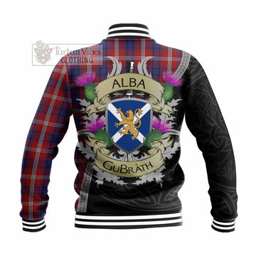 Ainslie Tartan Family Crest Baseball Jacket Lion Rampant Royal Thistle Shield Celtic Inspired - Tartan Vibes Clothing