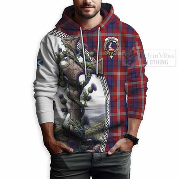 Ainslie Tartan Hoodie with Family Crest and St. Andrew's Cross Accented by Thistle Vines - Tartan Vibes Clothing