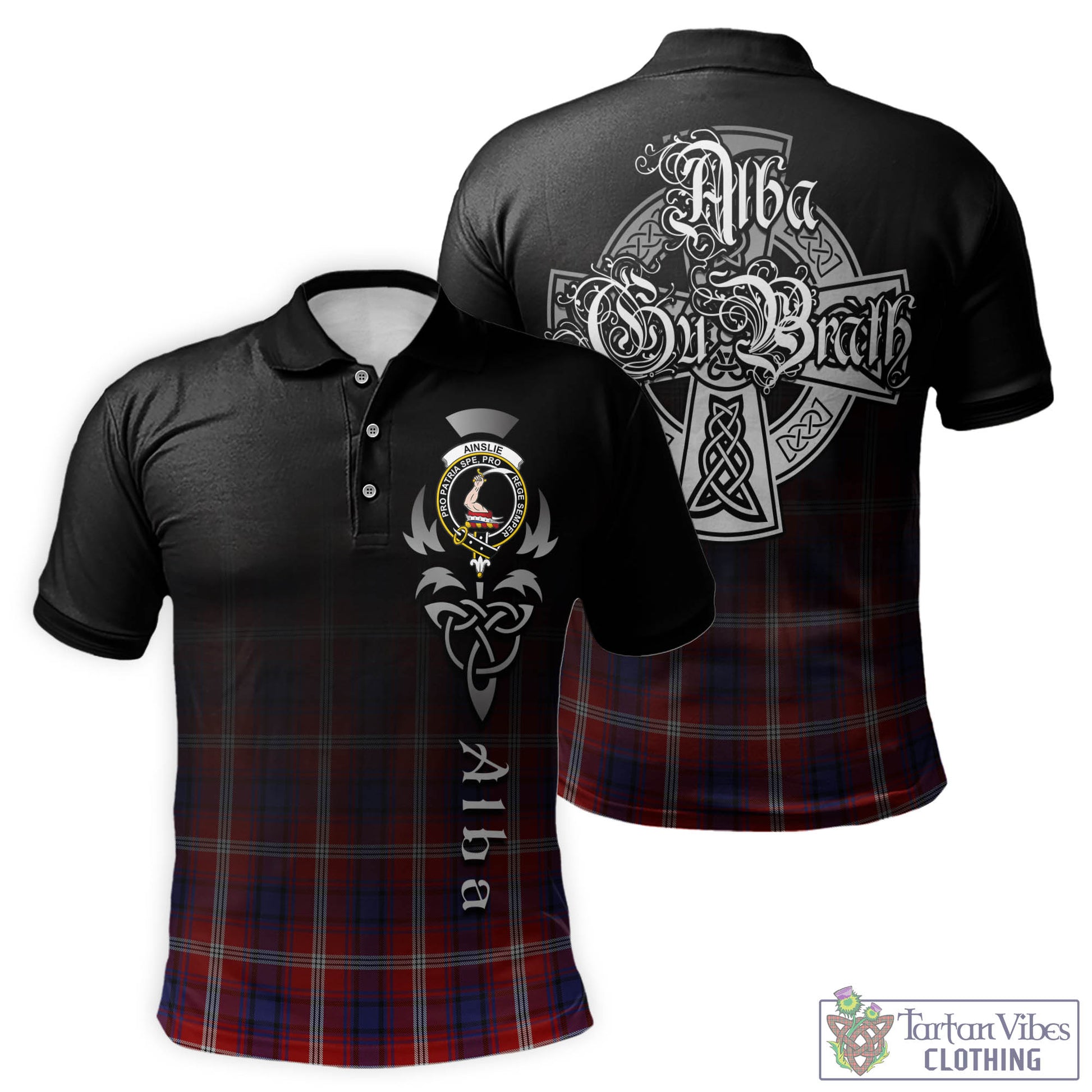 Tartan Vibes Clothing Ainslie Tartan Polo Shirt Featuring Alba Gu Brath Family Crest Celtic Inspired