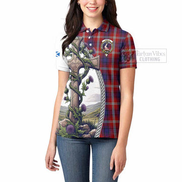Ainslie Tartan Women's Polo Shirt with Family Crest and St. Andrew's Cross Accented by Thistle Vines - Tartan Vibes Clothing