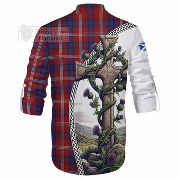 Ainslie Tartan Ghillie Kilt Shirt with Family Crest and St. Andrew's Cross Accented by Thistle Vines - Tartan Vibes Clothing