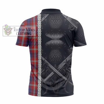 Ainslie Tartan Zipper Polo Shirt with Family Crest Cross Sword Thistle Celtic Vibes - Tartan Vibes Clothing