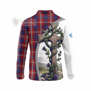 Ainslie Tartan Long Sleeve Polo Shirt with Family Crest and St. Andrew's Cross Accented by Thistle Vines - Tartan Vibes Clothing