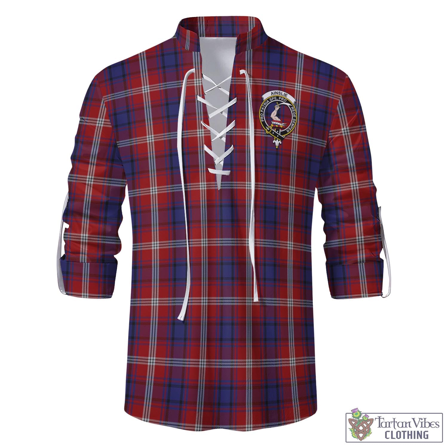 Tartan Vibes Clothing Ainslie Tartan Men's Scottish Traditional Jacobite Ghillie Kilt Shirt with Family Crest
