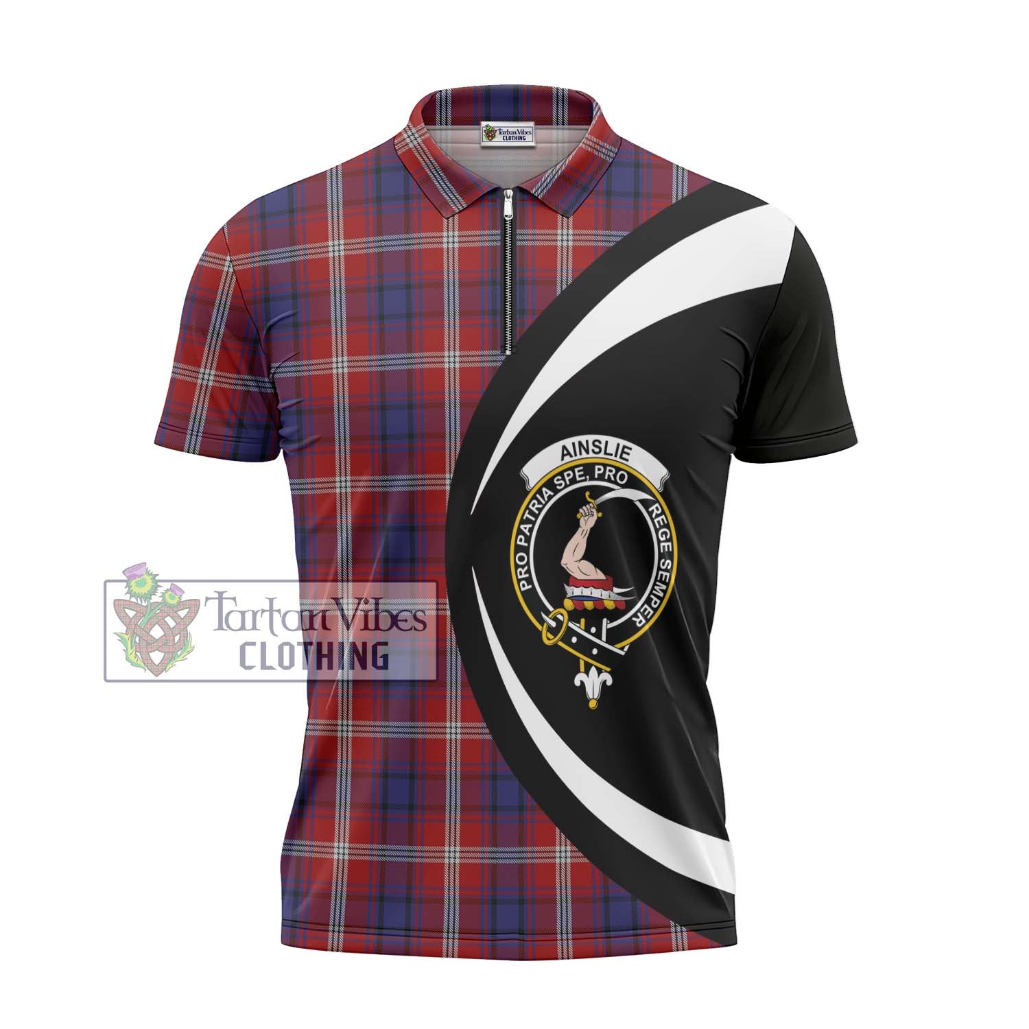 Ainslie Tartan Zipper Polo Shirt with Family Crest Circle Style - Tartan Vibes Clothing