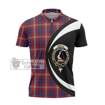 Ainslie Tartan Zipper Polo Shirt with Family Crest Circle Style - Tartan Vibes Clothing