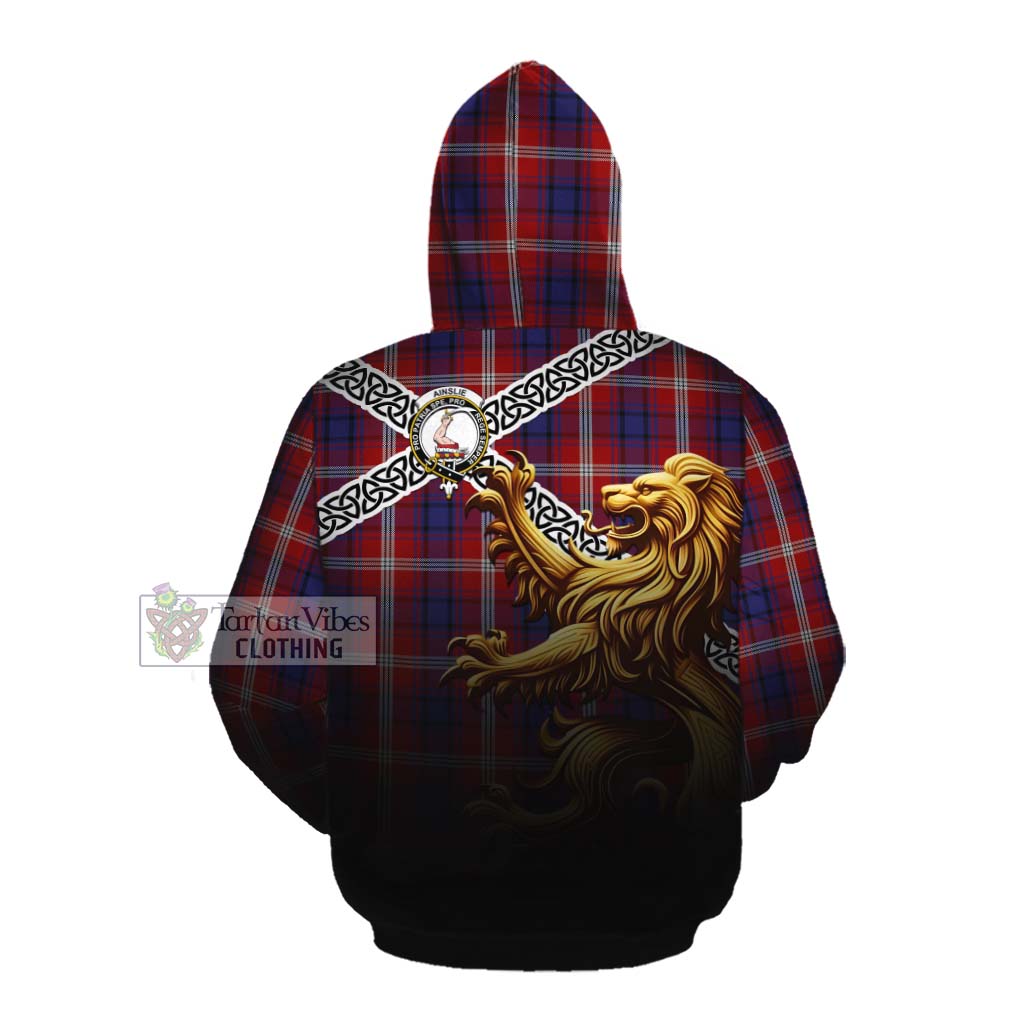 Ainslie Crest Tartan Cotton Hoodie with Golden Lion Emblem Celtic Style Pullover Hoodie - Tartan Vibes Clothing