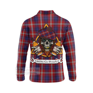 Ainslie Tartan Long Sleeve Polo Shirt with Family Crest and Bearded Skull Holding Bottles of Whiskey - Tartan Vibes Clothing