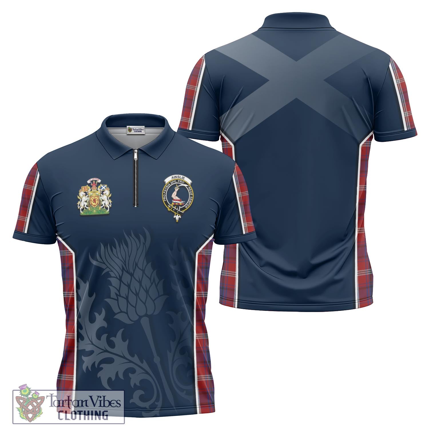 Tartan Vibes Clothing Ainslie Tartan Zipper Polo Shirt with Family Crest and Scottish Thistle Vibes Sport Style