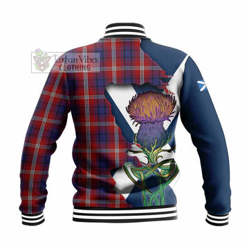 Tartan Vibes Clothing Ainslie Tartan Family Crest Baseball Jacket Scottish Thistle Celtic Inspired