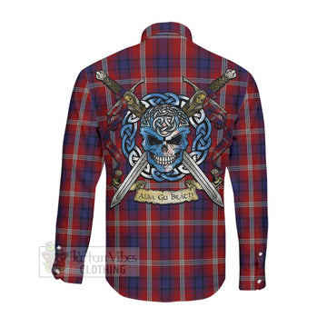 Ainslie Tartan Long Sleeve Button Shirt with Family Crest Celtic Skull Style Men's Shirt - Tartan Vibes Clothing