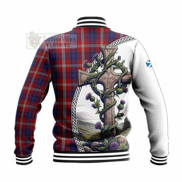 Ainslie Tartan Baseball Jacket with Family Crest and St. Andrew's Cross Accented by Thistle Vines - Tartan Vibes Clothing