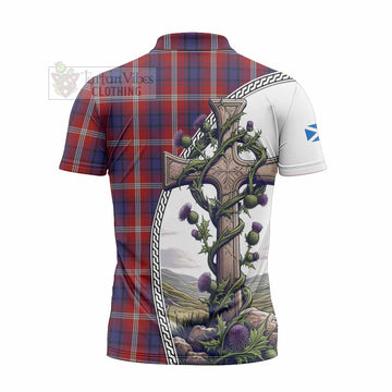 Ainslie Tartan Zipper Polo Shirt with Family Crest and St. Andrew's Cross Accented by Thistle Vines - Tartan Vibes Clothing