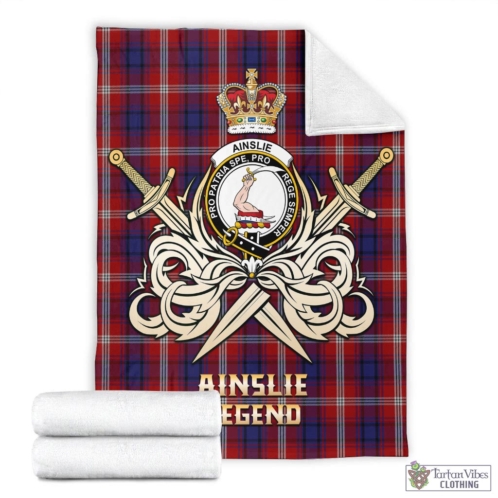 Tartan Vibes Clothing Ainslie Tartan Blanket with Clan Crest and the Golden Sword of Courageous Legacy
