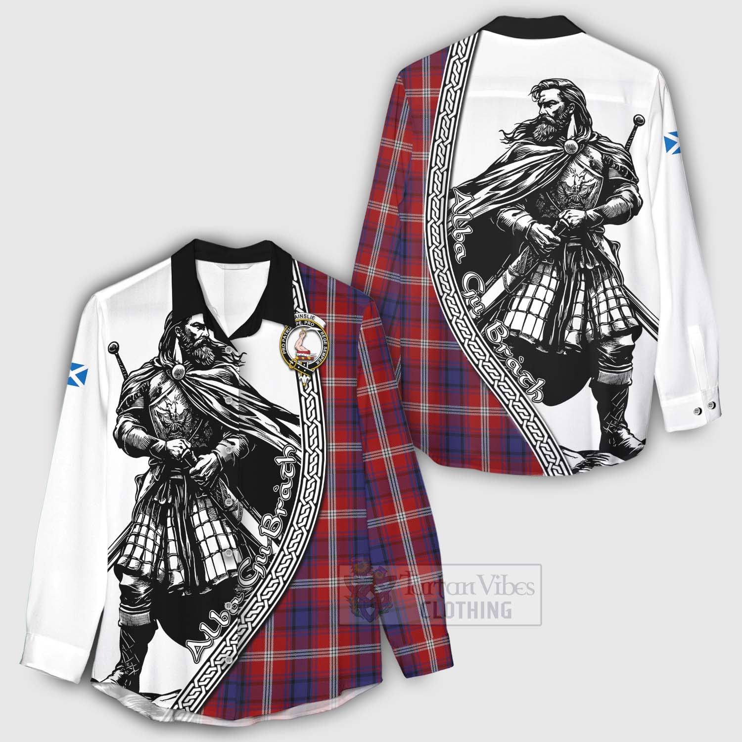 Ainslie Tartan Clan Crest Women's Casual Shirt with Highlander Warrior Celtic Style - Tartan Vibes Clothing