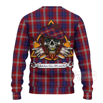 Ainslie Tartan Ugly Sweater with Family Crest and Bearded Skull Holding Bottles of Whiskey - Tartan Vibes Clothing