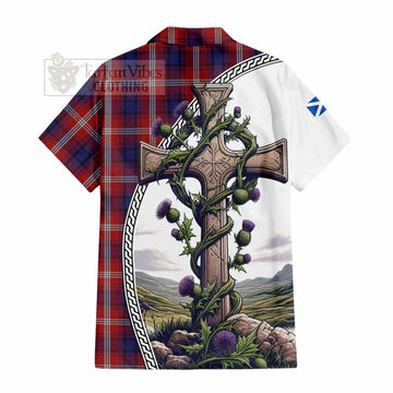 Ainslie Tartan Hawaiian Shirt with Family Crest and St. Andrew's Cross Accented by Thistle Vines - Tartan Vibes Clothing