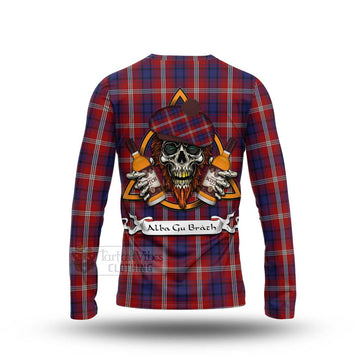 Ainslie Tartan Long Sleeve T-Shirt with Family Crest and Bearded Skull Holding Bottles of Whiskey - Tartan Vibes Clothing