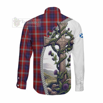 Ainslie Tartan Long Sleeve Button Shirt with Family Crest and St. Andrew's Cross Accented by Thistle Vines Men's Shirt - Tartan Vibes Clothing