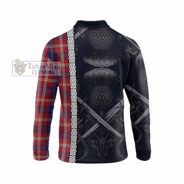 Ainslie Tartan Long Sleeve Polo Shirt with Family Crest Cross Sword Thistle Celtic Vibes - Tartan Vibes Clothing
