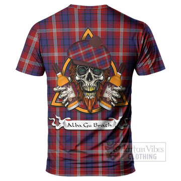 Ainslie Tartan T-Shirt with Family Crest and Bearded Skull Holding Bottles of Whiskey - Tartan Vibes Clothing