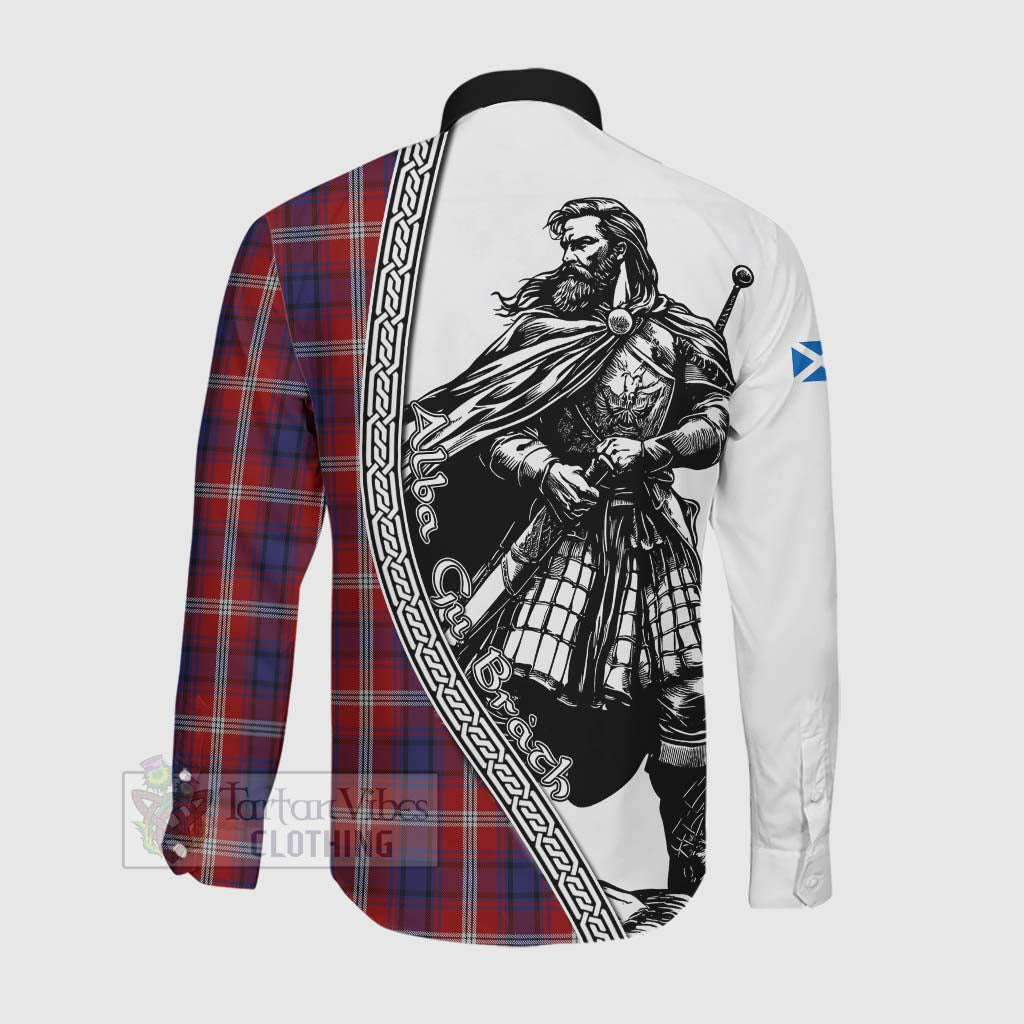 Ainslie Tartan Clan Crest Long Sleeve Button Shirt with Highlander Warrior Celtic Style Men's Shirt - Tartan Vibes Clothing