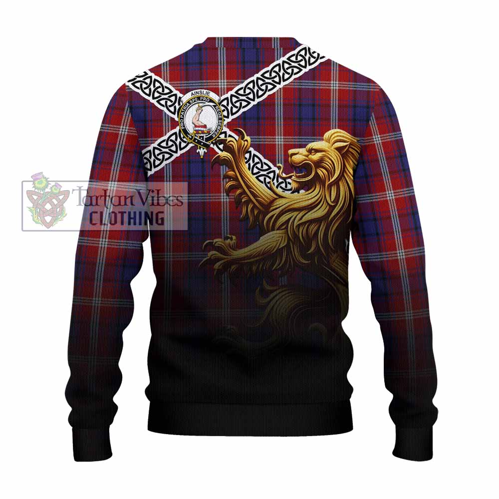 Ainslie Crest Tartan Knitted Sweater with Golden Lion Emblem Celtic Style - Tartan Vibes Clothing
